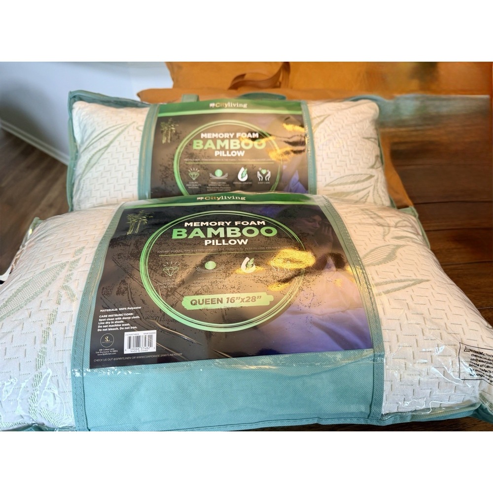 City Living Memory Foam Bamboo Pillow Queen 16 x 28 in Hypoallergenic (Set Of 2)